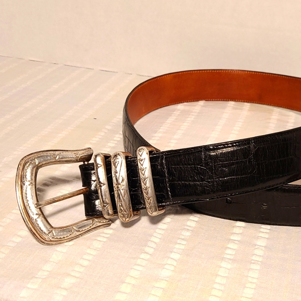  Brighton Women's L Black Leather Belt Snakeskin Embossed Silver